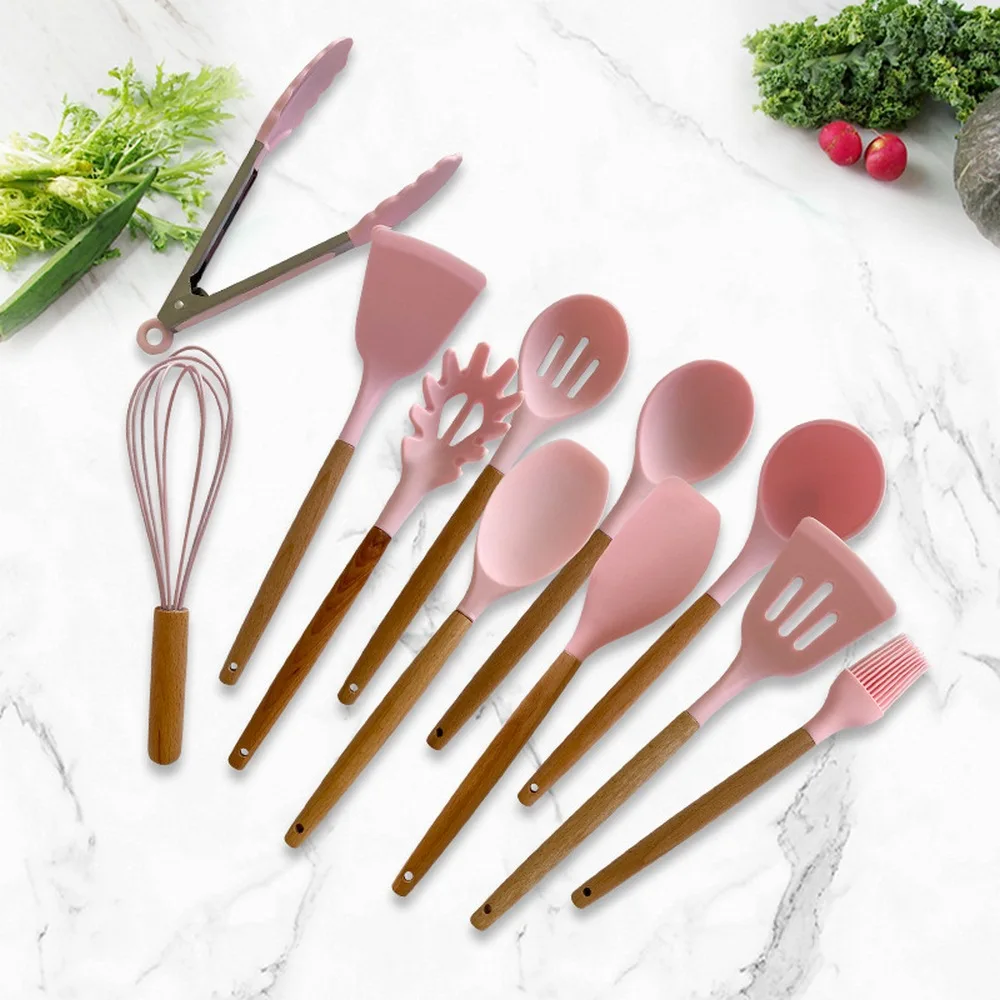 

12pcs solid color High Temperature Resistance Silicone Kitchenware Set Non-Stick Pan Cooking Kitchen Spatula Spoon Wooden Handle