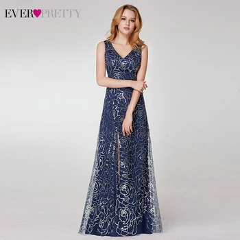 

Sparkle Navy Blue Evening Dresses Long Ever Pretty A-Line Double V-Neck Sequined Elegant Formal Party Gowns Vestido Longo Festa