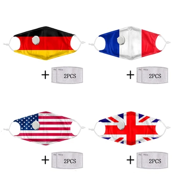

Cotton Reusable Single Valve PM2.5 Masks 8 Countries Flag Print 1PC Masks+2Pcs Filter Pads Cotton Antibacterial Dust Proof Mask