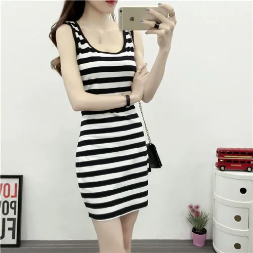

Spring And Summer 2019 Slimming Stripes over-the-Knee Sheath Sleeveless Long Base Vest Skirt Dress Women's Large Size
