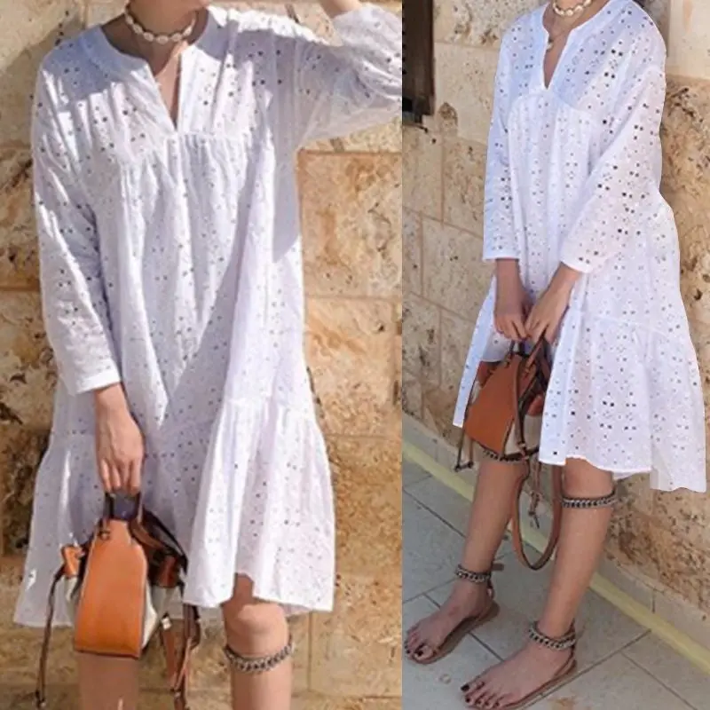 

Celmia Cotton Embroidery Women's Dress Ruffled Korean White Dress 2019 Autumn Sexy V-neck Hollow Elegant Party Vesrido Plus Size