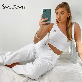 

Sweetown Letter Embroidery Summer Streetwear Fitness Basic Tank Tops For Women Workout Activewear One Shoulder Crop Top Harajuku