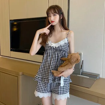 

Summer 2020Girl'S Hipster Lace Edge Joint Bow Camisole Pattern Pajamas Women'S Suit