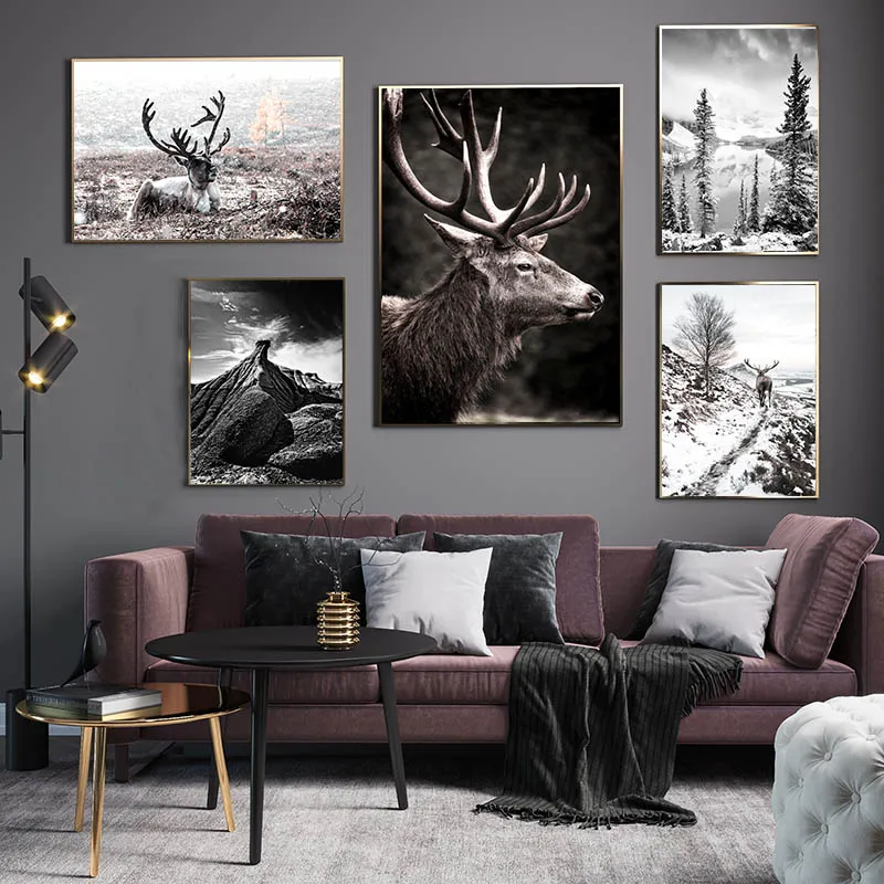 Winter Forest Animal Bear Deer Wall Poster Nordic Landscape Canvas Art Print 