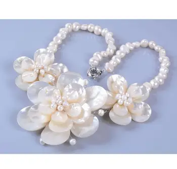 

Jewelry Free Shipping new Mother of pearl mop shell pearl 3pcs flower necklace 20"