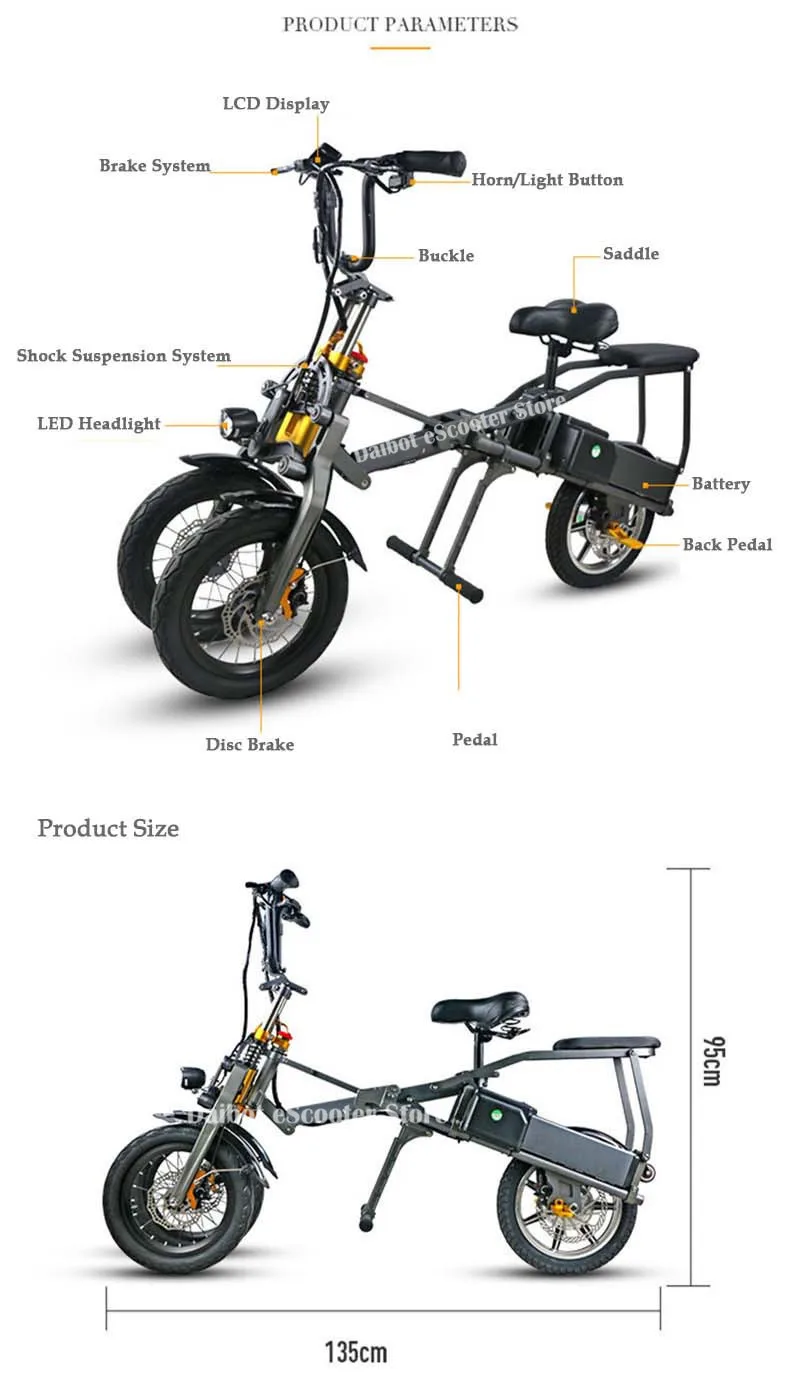 Daibot Fast Electric Scooter 3 Wheels Electric Bicycle 14 Inch 48V 350W One Button Portable Folding Electric Bike For Adults (18)