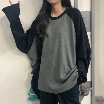 New Female T-shirt Grey O Neck Contrast Color Long Sleeve T Shirt Loose Autumn Tee Tops for Women Shirts Patchwork 1