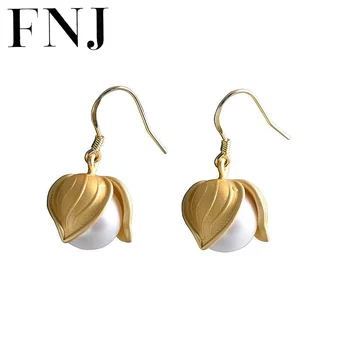 

FNJ Gold Color Flower Earrings 925 Silver Original Pure S925 Sterling Silver Drop Earring for Women Jewelry Fresh Pearl