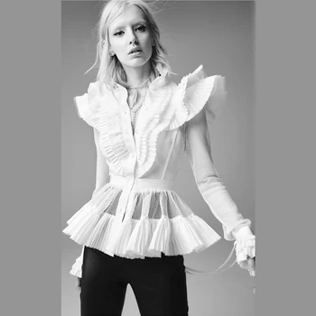 

iMucci 2020 Summer European Fashion Elegant Top Female Split Joint Ruffles High-neck Ruffled Mesh Waist White Shirt Women Tide