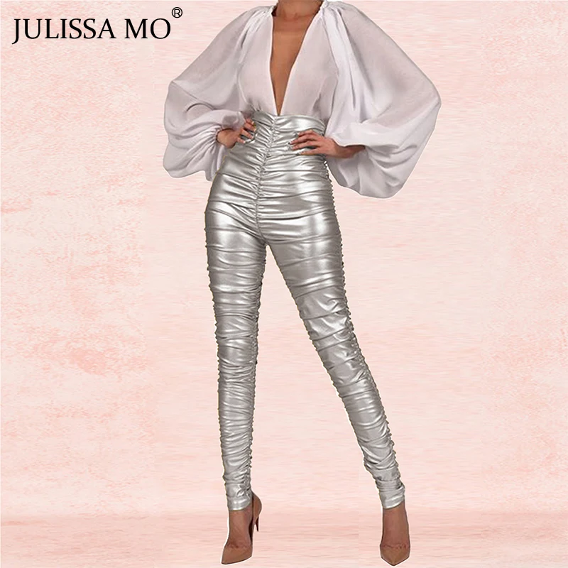 Julissa mo Серебристые плиссированные брюки с высокой талией женские осенние зимние облегающие брюки-карандаш женские однотонные сексуальные длинные брюки Новинка