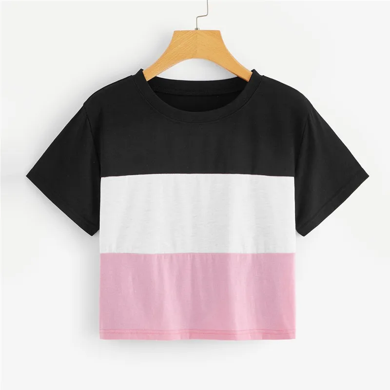 pink Повседневная Лоскутная футболка для девочек, Женская Повседневная футболка трех цветов, Летняя короткая модная футболка для девочек - Цвет: pink