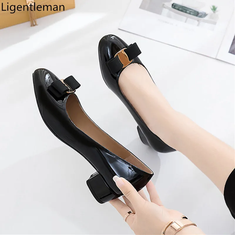 Shoes Woman Pumps Party Classic High-Heels Black Patent Leather Bow Spring Fashion Basic