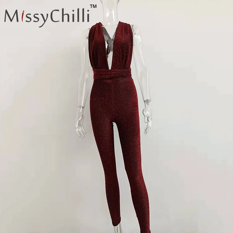 Красный MissyChilli комбинезон с открытой спиной, красный, белый, v-образный вырез, сексуальный клубный, вечерние, Облегающий комбинезон, женский, на шнуровке, вязаный, Осенний женский комбинезон - Цвет: Красный