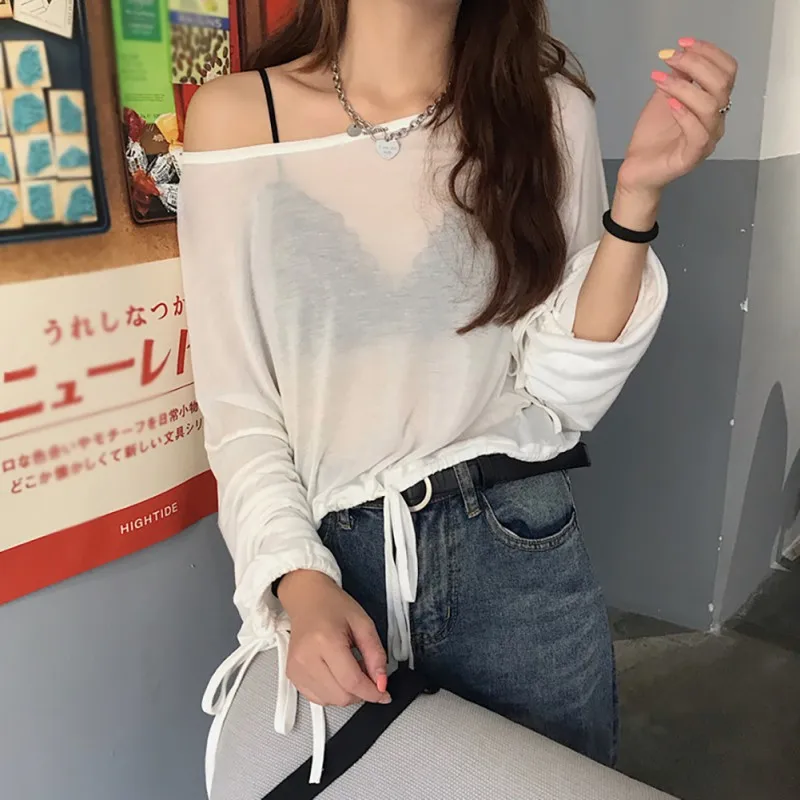 

Long Sleeve Sun Protection T-Shirt Women Solid Color Autumn Casual Round Neck Perspective Tunic Fashion Casual Tee