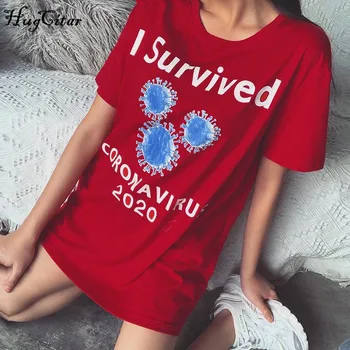 

Hugcitar 2020 cotton letters virus print short sleeve tops baggy oversize summer women casual outfits T-shirts