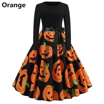 

Halloween Ladies Printing Dress Retro Round Neck Printing Long Sleeve Dress Christmas Costume Party Dress