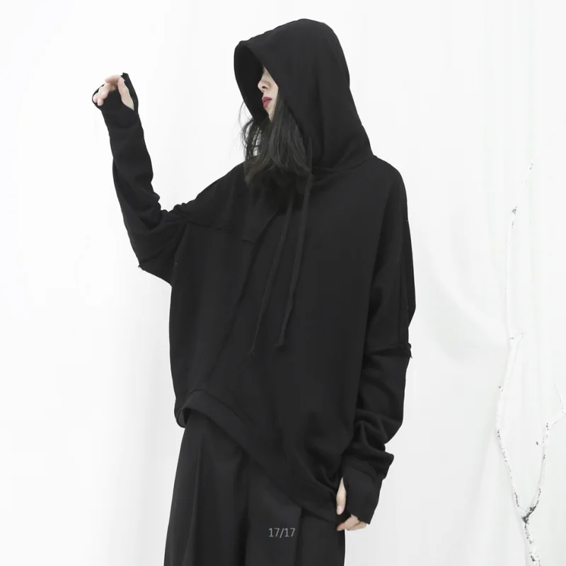 Women's Long Sleeve Hoodie Winter New Black Drawstring Irregular Design Young Fashion Trend Versatile Pullover