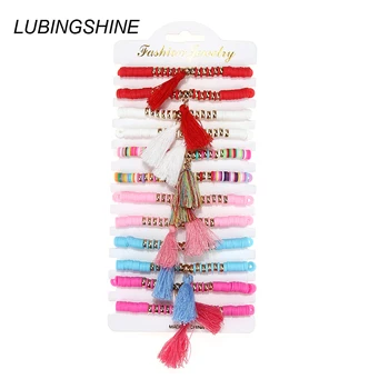 

12pcs/lot Bohemian Soft Clay Tassel Bracelets Women Girls Charm Elastic Soft Pottery Female Bracelet Fashion Boho Jewelry