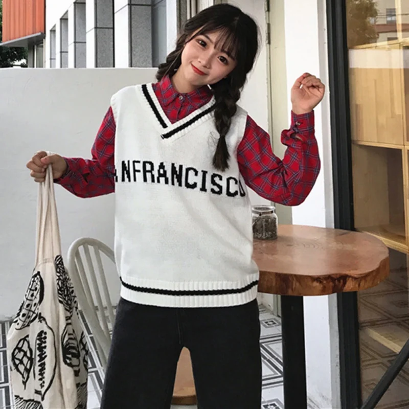 

Casual new fashion women autumn spring sweater 2019 V-neck sleeveless solid color vest sweater loose pullover top