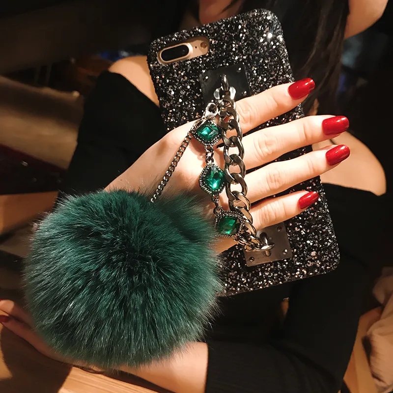15 Pro Max Fluffy Hair Diamond Wrist Strap Glitter Hard Case For