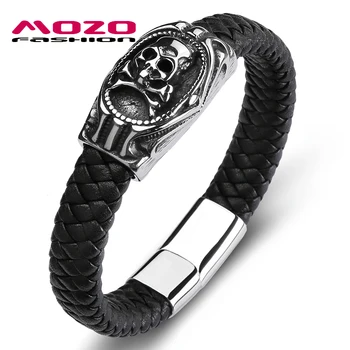 

Men Bracelet Genuine Leather Stainless Steel Skull Bangle Male Grid Collocation Punk Fashion Jewelry
