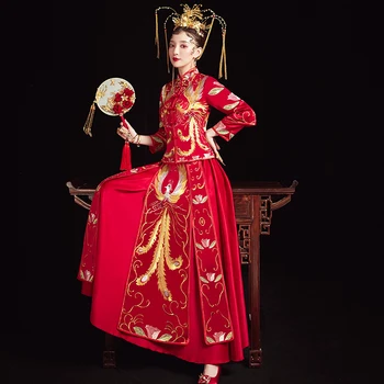 

Phoenix Long Qipao Evening Gown Chinese Bride Dress Vintage Embroidery Ancient Oversize 3XL Wedding Gift Novelty Marriage Suit