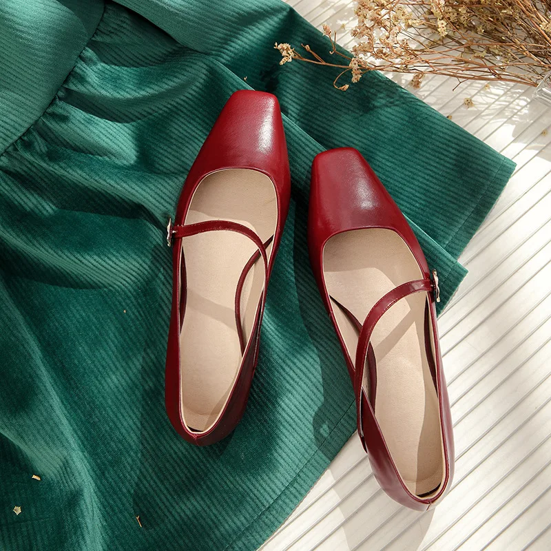 

Genuine Leather Mary Jane Shoes Metal Buckle Flat Top Shoes 2019 Summer Square Head Flat Shoes WOMEN'S Shoes Wine S293027