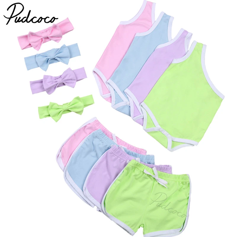 baby clothes in sets	 Kids Baby Girl Solid Outfits Romper, Summer Shorts Suit, Sleeveless Slant One Shoulder Casual Headband Lace Up Pants 3 Pieces Baby Clothing Set for girl