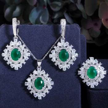 

LUALA 3pcs Shiny Green Stone Zircon Flower Drop CZ Necklace Earring and Ring Elegant Women Party Costume Jewelry Sets T434