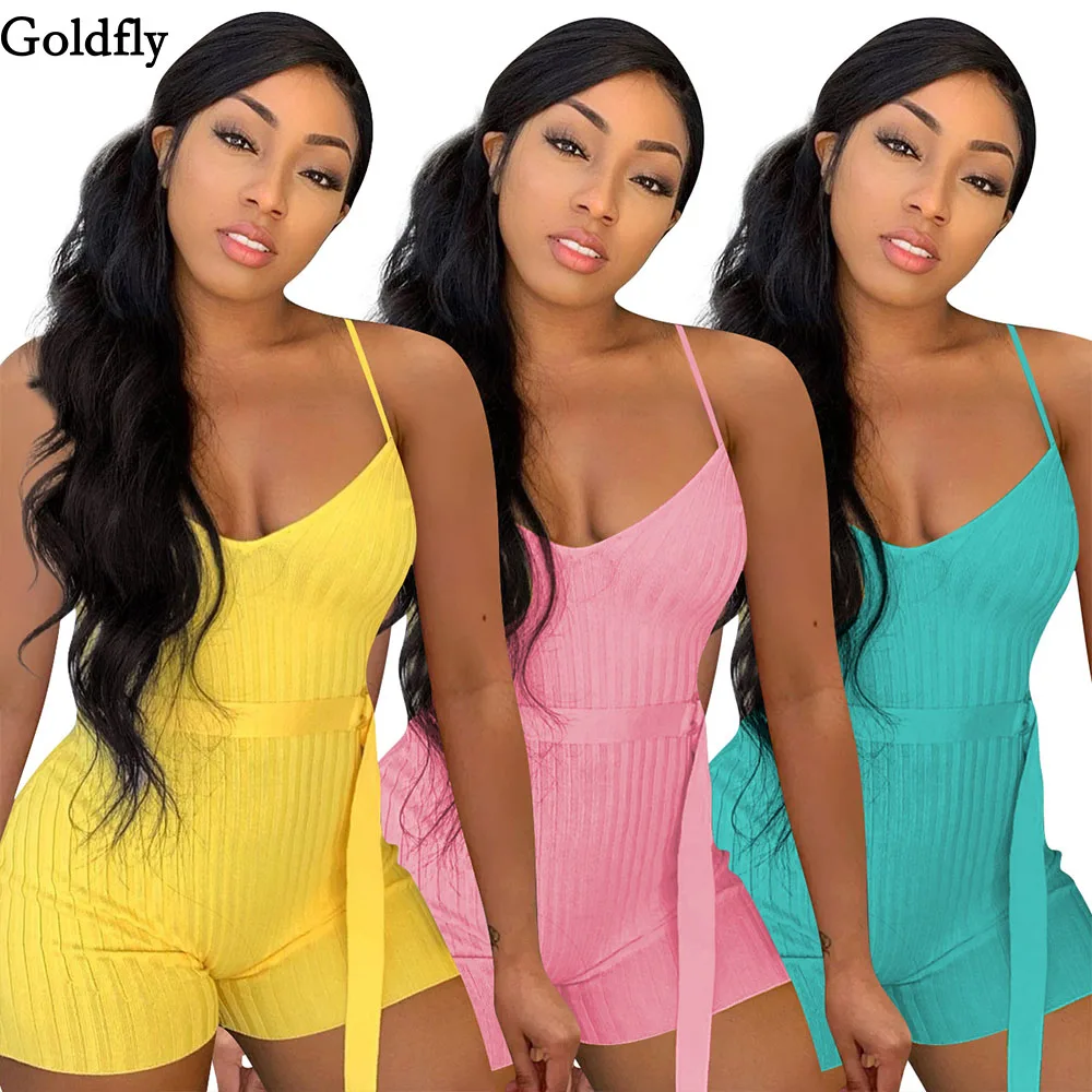 Summer Women Spaghetti Straps Tight Short Style Casual Temperament Jumpsuit with Belt