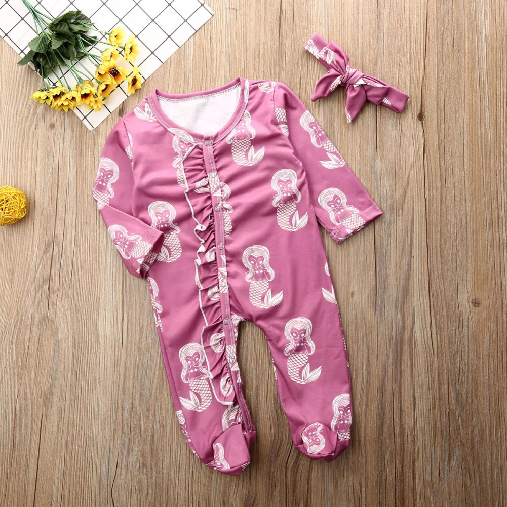 0-18M Infant Baby Girl Boys Footies Clothes Floral Print Ruffle Long Sleeve Jumpsuit+Headband Outfit