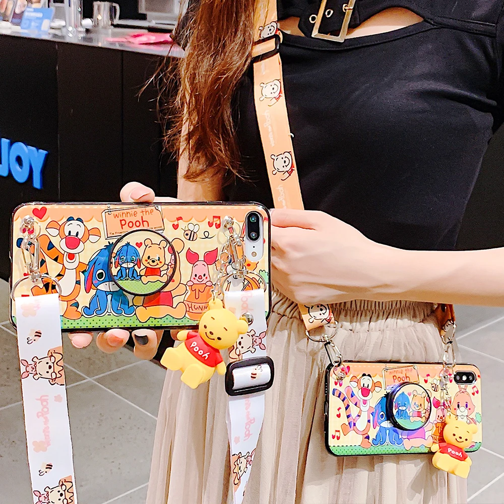 

Folding bracket Cases For iPhone 6 6s 7 8 7Plus X XR XS Max cute cartoon Back Coque Case with Sling Lanyard