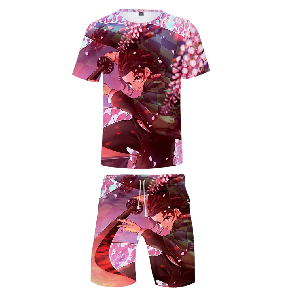 Demon Slayer Kimetsu no Yaiba Cool Harajuku Fashion New Arrival 3D Streetwear two piece set O-neck tshirt and shorts Men's Set