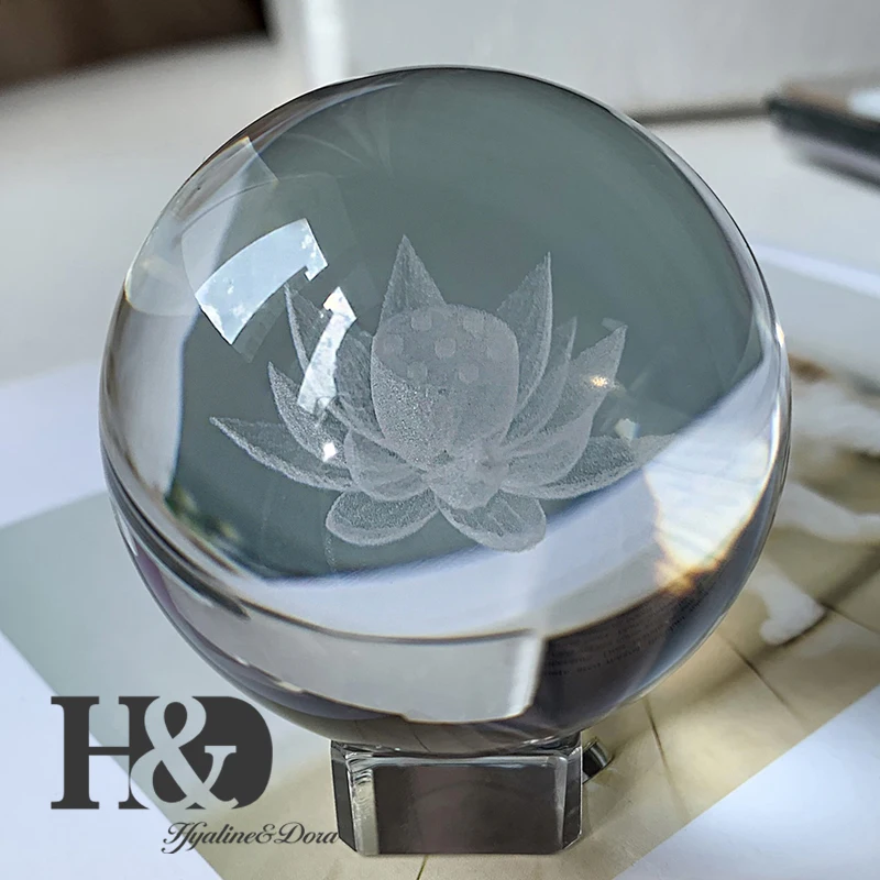 H&D 60 мм 3D лазерная гравировка цветок лотоса стеклянный шар Хрустальный лечебный шар миниатюры Сфера украшения дома аксессуары с подставкой