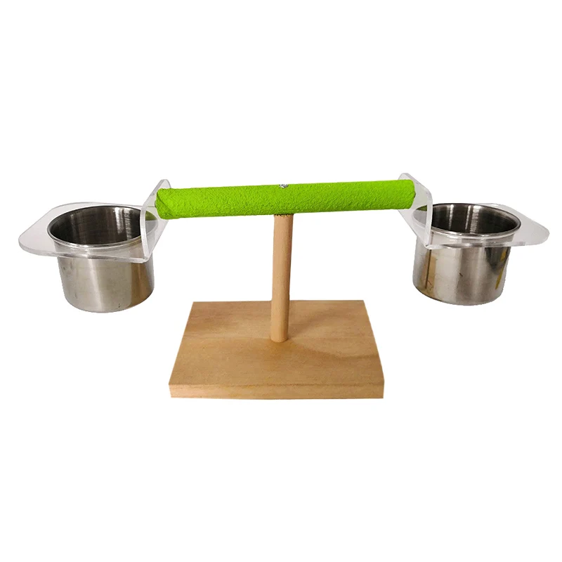 Multifunctional Parrot Bird Perch Table Top Wooden Stand With 2 Stainless Steel Feeding Cups For Water And Food Appliance