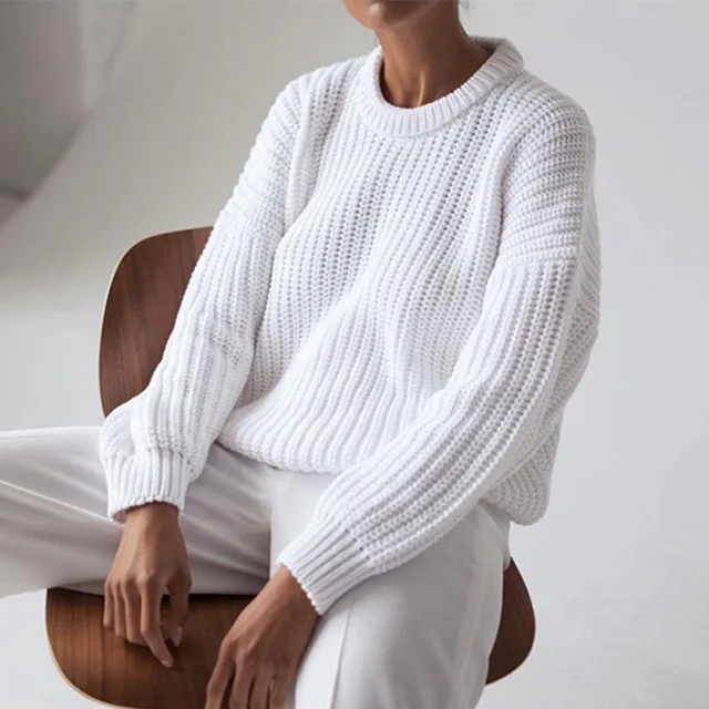 Women Solid Knitted Thickening Oversized Sweater Female Round Neck Long Sleeve Casual Loose Pullovers Top 2021 Autumn Winter White 03