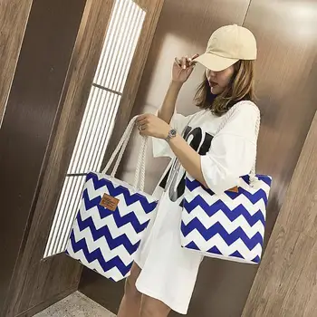 

Women Wave Stripes Canvas Large Capacity Shoulder Bag Ladies Totes Casual Beach Shopping Handbag for Female Lady