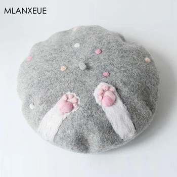 

Cartoon Wool Berets Women Solid Cat Winter Caps Birthday Gift Cute Hats Vintage Warm Caps Personality Headdress Lady Painter Hat