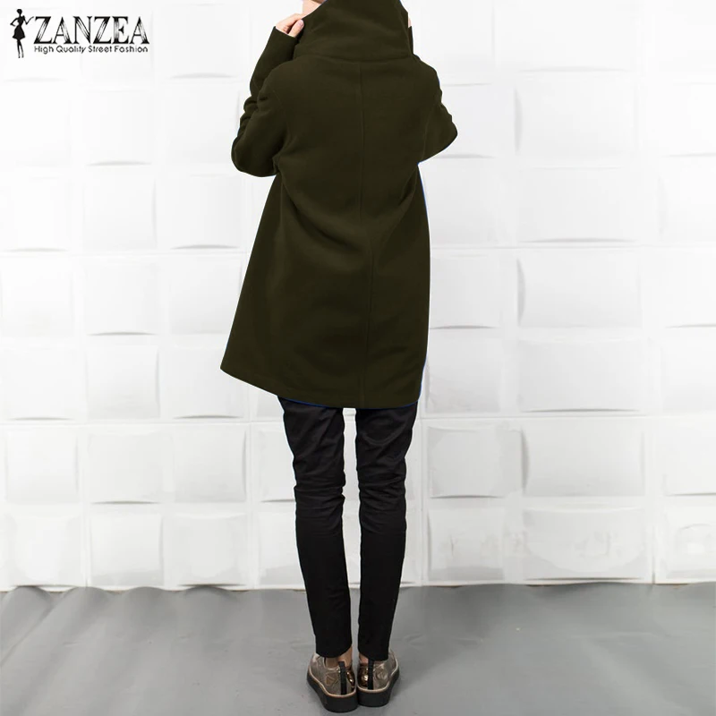 ZANZEA/зимняя флисовая толстовка, пальто, Женская водолазка, куртки с длинными рукавами, Повседневная однотонная верхняя одежда на молнии, Женская Базовая куртка