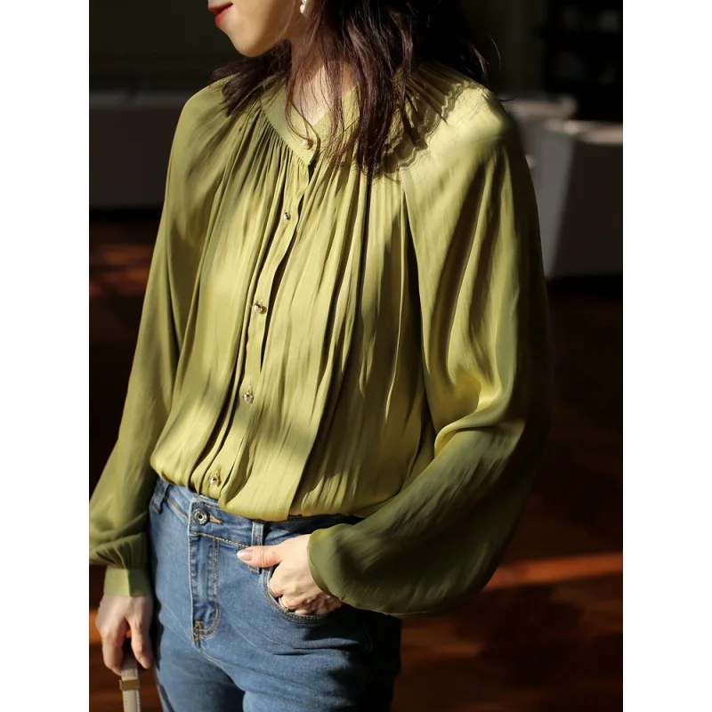 Блузка CHOHILL Женская с длинным рукавом глянцевая шелковая атласная в стиле ретро