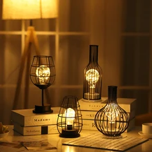Luz nocturna de decoración para el hogar, florero de botella de vino tinto, lámpara LED de mesa de hierro de estilo nórdico, CC de 4,5 V, luces nocturnas de alambre de cobre