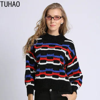 

TUHAO Fall Winter Sweater Woman Tops Half-high Collar Knitted Pullovers Loose Geometric Thic Outerwear Pull Femme THX700