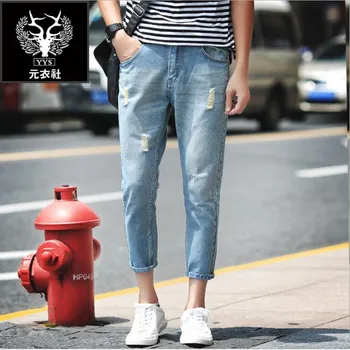 

Fashion Summer Men Jeans Hole Nine-point Jeans Pants Male Casual Straight Slim Trend Pencil Pants Streetwear Blue Washed Jeans