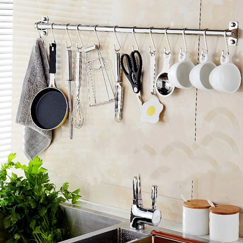 HOT SALE Diy Stainless Steel Kitchen Rack Wall Mounted Kitchen Hanger Bathroom Holder Hanging Rod Organizer Multi-Function Rod w
