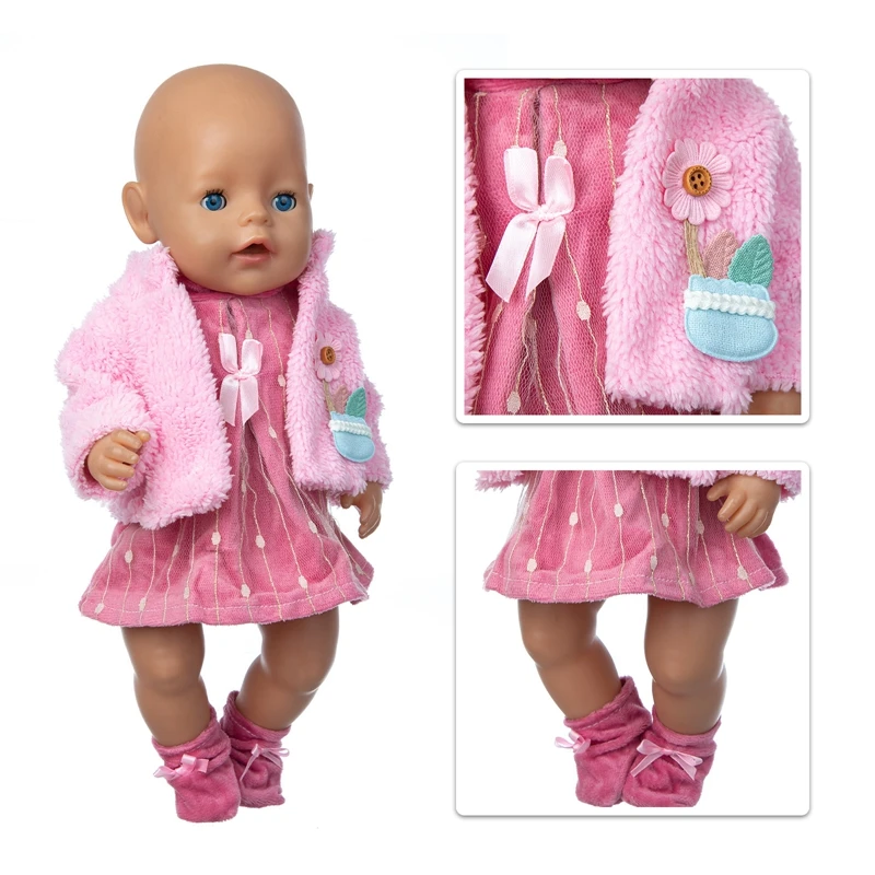 Doll Clothes Pink Dress + Coat + Socks Fit 17 inch 43cm Baby New Born