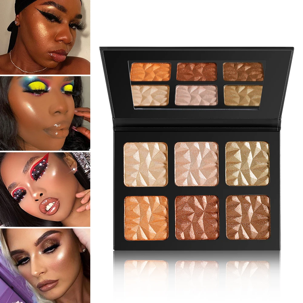 6 Shimmer Golden Highlighter Palette Label Cosmetics Pigment Powder Face Bronzer Makeup No Logo