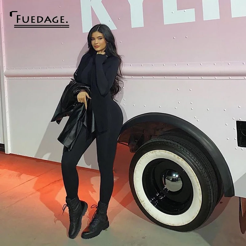 Женский Облегающий комбинезон Fuedage черный облегающий с длинным рукавом Клубные