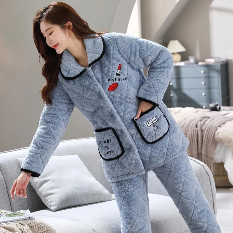 Pajamas Women Winter Sets Three-Layer Thick And Velvet mid-Long Quilted 2PCS Women's Cotton-Padded Jacket Home Service Suit 996