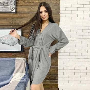 

HiLoc Solid Knitting Long Sleeve Sexy Robes Women Pajama Winter Gray Nightgown Home Robe Winter Woman Bathrobe Female Sleep Tops