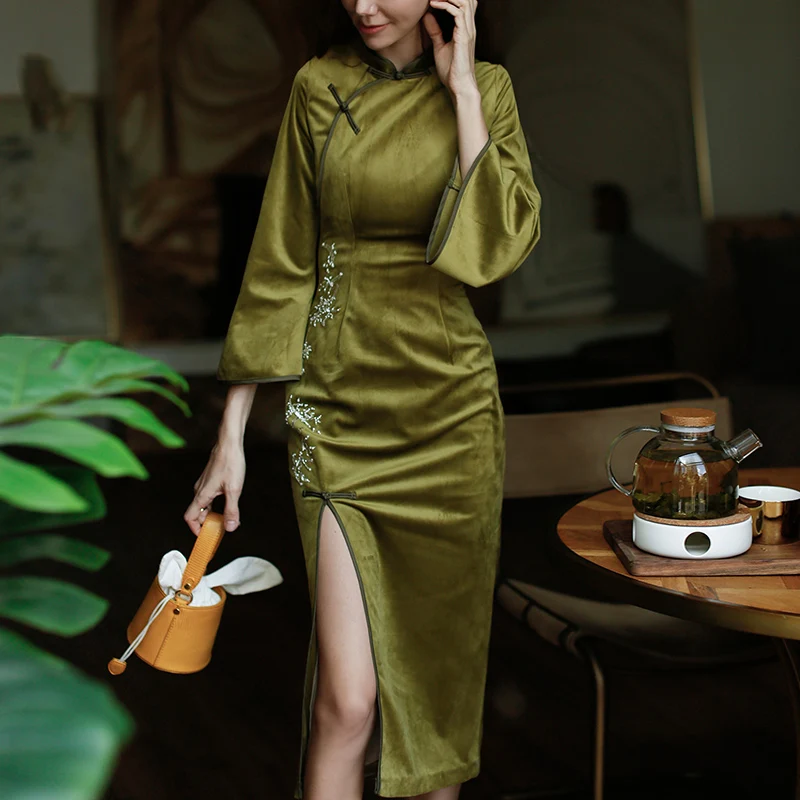 ROJAY китайское модное женское платье Cheongsam с высоким разрезом облегающее